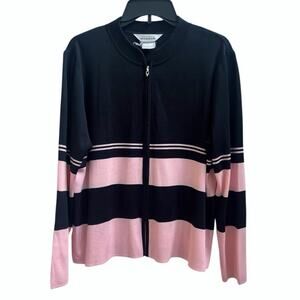 Exclusively MISOOK Sz L Jacket Cardigan Black Pink Acrylic Sweater Full Zip